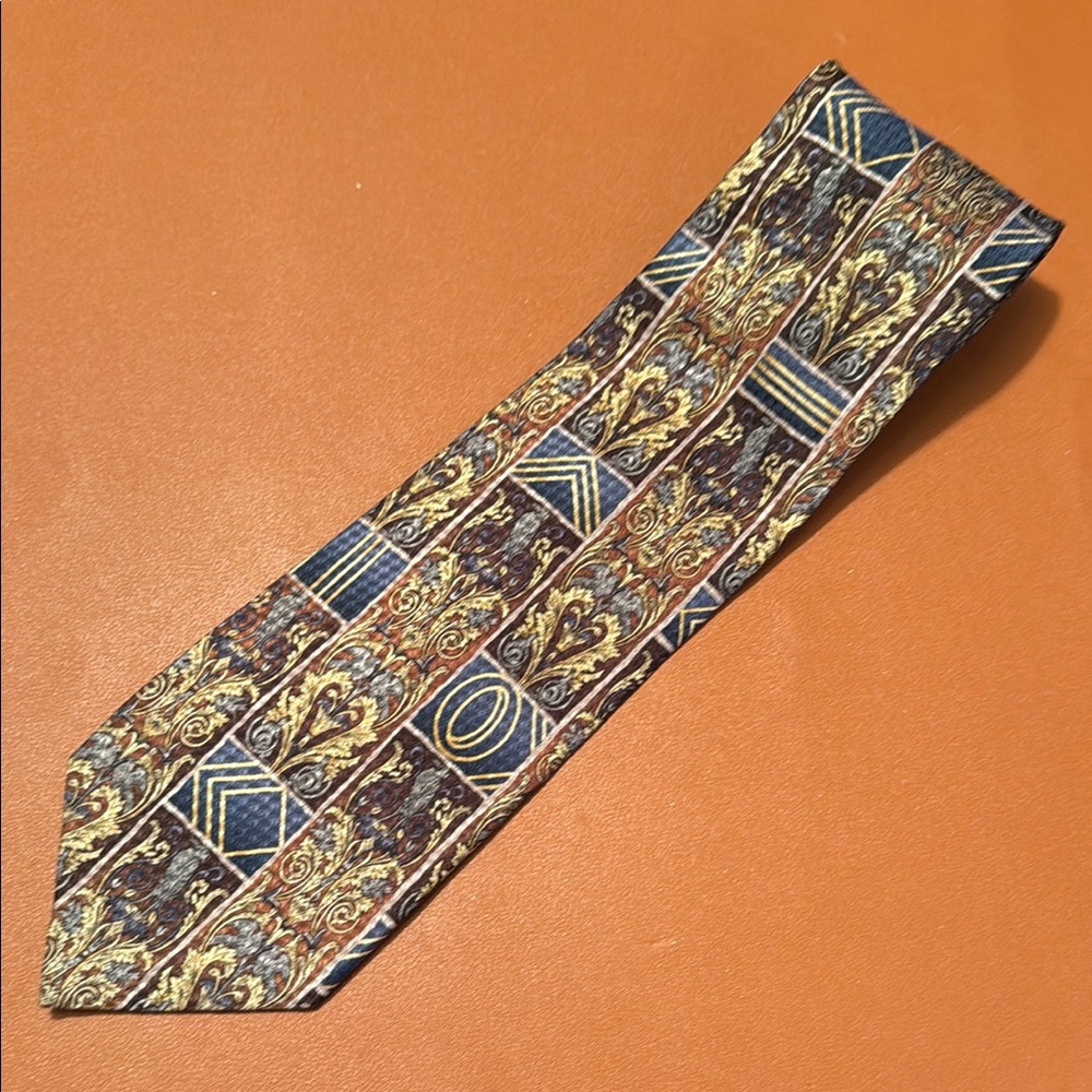 Blue and Gold Geometric Silk Tie